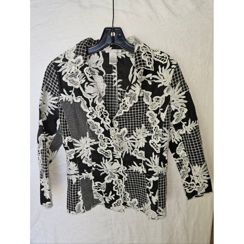 Alberto Makali Black & White Floral Lace-Overlay Blazer Jacket Size 6